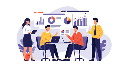 Professional business team collaborating around a table while analyzing diverse data charts, graphs, and financial performance information.