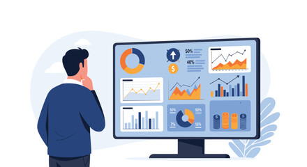 Business professional analyzing complex data dashboards and financial performance charts on a computer monitor in a modern office.