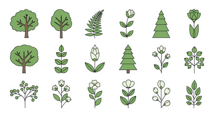 Diverse library of simple green icons representing various trees, leaves, flowers, and botanical elements for eco-friendly design projects.