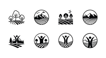 Set of eight solid black icons representing agricultural fields, mountains, sun, trees, and people celebrating nature for rural themes.