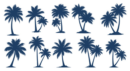 Set of ten dark blue silhouettes representing various pairs and small groups of palm trees for tropical landscape and beach-themed designs.
