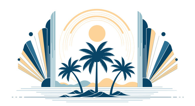 Stylized art deco illustration of a sunset over the ocean featuring three palm tree silhouettes and geometric decorative side elements.