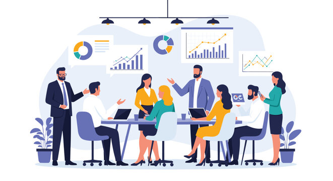 Colorful illustration showing a large diverse group of business professionals in a collaborative meeting discussing various data infographics. - Powered by Adobe
