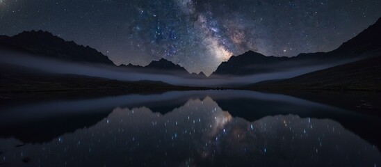 Majestic Night Sky Over Serene Lake with Reflection of Stars and Mountains in the Background
