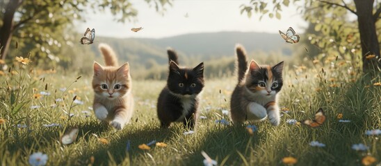Playful Kittens Frolicking in a Sunny Meadow Surrounded by Butterflies and Colorful Flowers