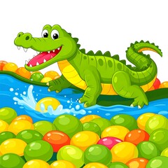 Cartoon alligator splashing in water, surrounded by colorful floating objects