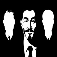  central figure with mustache and beard, surrounded by two silhouettes in suits, mysterious atmosphere, high contrast, artistic portrait, graphic design element, conceptual art, dark background