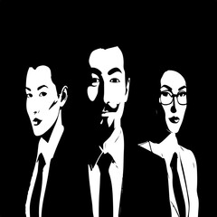  center, woman with sleek hair on left, woman with glasses on right, all in suits and ties, high contrast, professional, artistic graphic illustration, dark background, business concept
