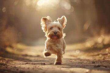 Obraz premium Small yorkshire terrier dog running happily on a path in a forest during a beautiful golden sunset