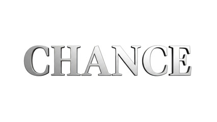 Silver metallic 3 D letters spelling the word C H A N C E on black background chance text