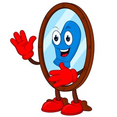 Cartoon anthropomorphic mirror shows a blue mitten reflection with red hands and feet