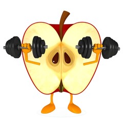 Cartoon apple half with arms and legs lifting dumbbells, representing healthy eating