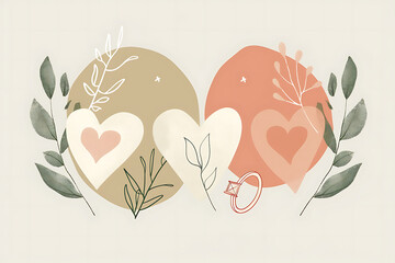 Boho style abstract wedding background, terracotta and beige circles, white heart and botanical line drawing, minimalist diamond ring illustration

