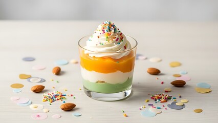 A colorful layered dessert with soft serve and sprinkles in a glass