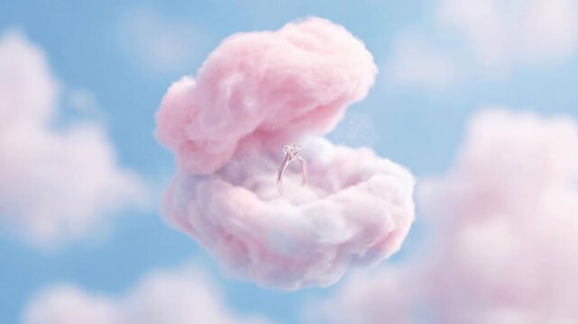 Romantic fantasy concept of a beautiful diamond engagement ring floating inside a soft pink cloud shaped like a jewelry box, gently opening against a dreamy blue sky with fluffy white clouds