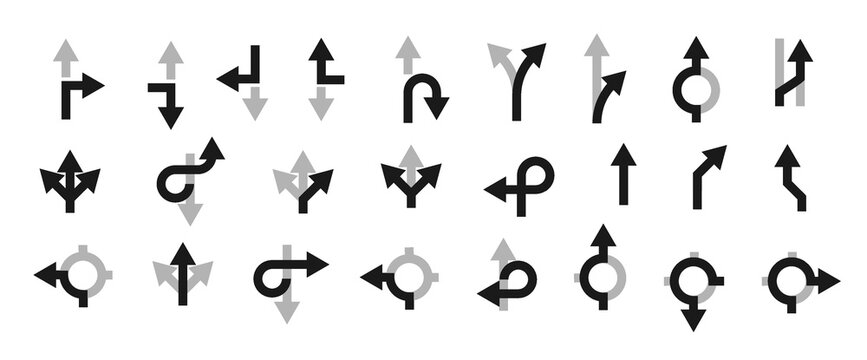 Traffic navigation arrows with circular location points PNG. Driving direction symbols for maps, crossroads, turns and road route instructions vector