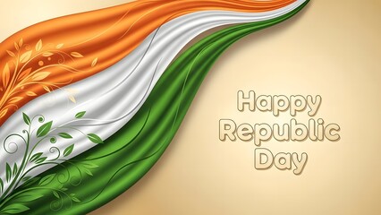 Waving indian flag with floral accents and republic day greetings