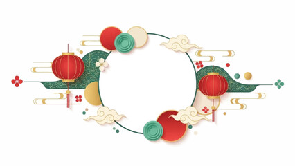 Obraz premium Circular graphic design featuring red, green, and gold Chinese lanterns, surrounded by decorative elements on a white background.