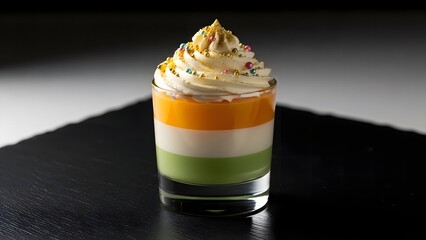 A layered dessert in a glass with whipped cream and sprinkles