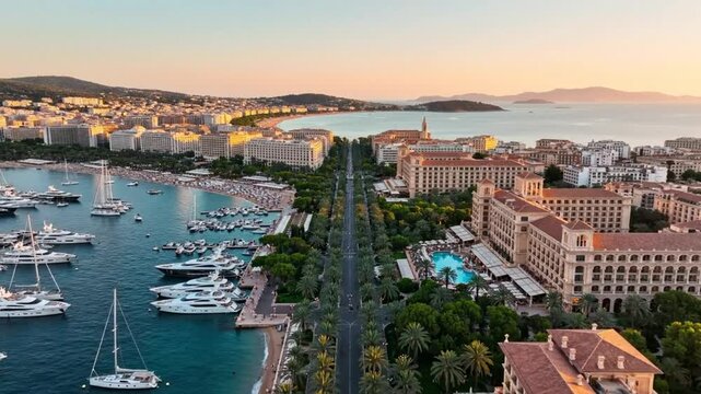 Aerial view of a beautiful coastal city at sunrise with boats, beach, and hotels along a palm-lined boulevard