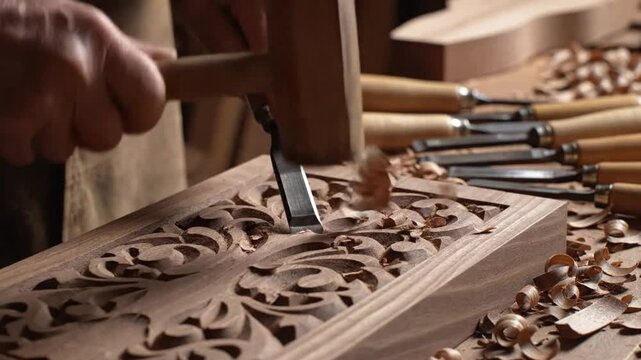 Skilled craftsman using mallet and chisel to carve intricate floral designs into a wooden block, close up