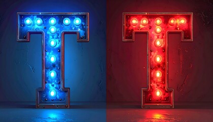 Illuminated T Letters - Blue and Red Light Display.