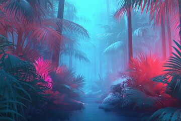 A dense, glowing jungle scene with fog, featuring trees, water, and vibrant pink/blue hues