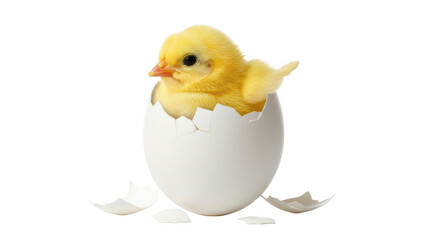 Yellow chick hatching from a cracked white egg on a black background baby bird