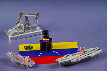 The flag of Venezuela, barrels of oil and American military equipment. Confrontation, conflict.