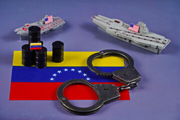 The flag of Venezuela, barrels of oil and American military equipment. Confrontation, conflict.