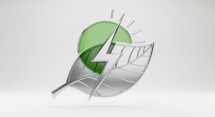 Metallic green energy icon blending a lightning bolt, leaf, and sun to represent sustainable power, renewable electricity, and environmental solutions.