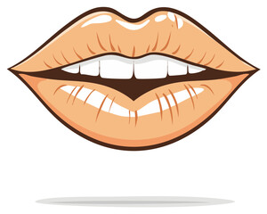 Obraz premium Cartoon Female Lips with Teeth, Open Mouth, Glossy Peach Lipstick Illustration