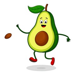 Cartoon avocado character with arms and legs, smiling, seed floating, green skin, and leaf