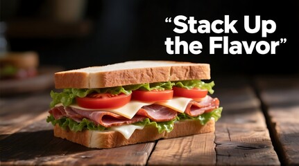 A delicious sandwich with ham, cheese, lettuce, and tomato on a wooden table