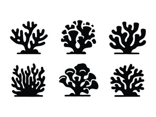 Coral Reef Silhouette Icons Set. Sea Coral Black and White Icons