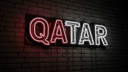 Obraz premium A neon sign reading Qatar mounted on a dark brick wall at night