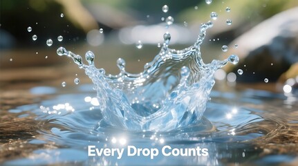 A close-up view of a water droplet splashing into a body of water with a natural background
