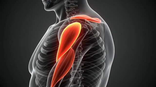 Anatomical Study of Human Arm Muscles on Dark Background Educational 3D Animation Showing Deltoid and Biceps Brachii