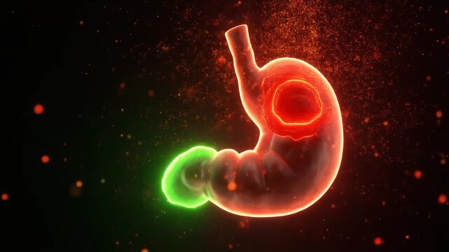 Animated Human Stomach Anatomy with Red and Green Glow On Dark Background Showing Digestion System for Healthcare