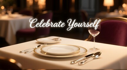 A beautifully set table in a restaurant with a glass of wine and a plate of food, inviting self-celebration.