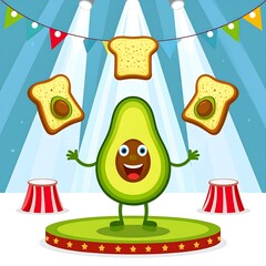 Cartoon avocado juggles toast slices on a circus stage with spotlights
