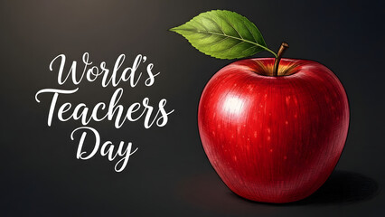 World teachers day celebration with a red apple and green leaf
