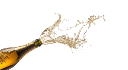 Elegant golden champagne bottle in an explosive, sparkling effervescent splash with delicate bubbles, captured high-speed against a bright white studio background. Celebration and luxury concept
