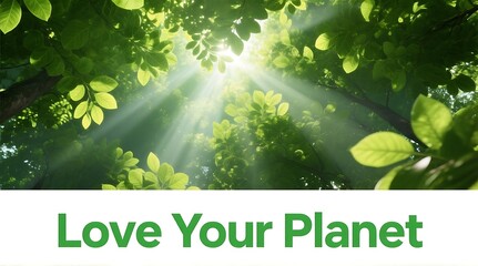 A serene forest canopy with sunbeams shining through the lush green leaves