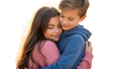 Young Girl and Boy Embracing with Eyes Closed Against Bright White Background