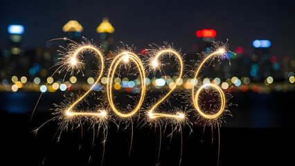 Sparkling 2026 new year's eve celebration with city skyline at night