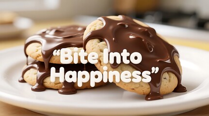 A plate of delicious cookies smothered in chocolate sauce on a kitchen table