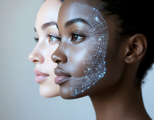 Conceptual illustration of a human woman and artificial intelligence profile blended through light transition on a white and blue background, symbolizing human and AI connection and future technology.