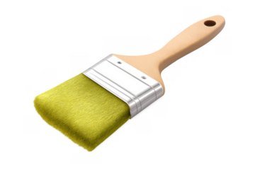 Paintbrush with yellow bristles and wooden handle, a tool for painting, home renovation, and artistic crafts