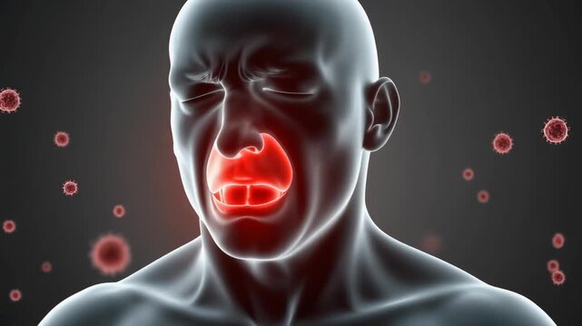 Medical Animation of a Sick Man Experiencing Coronavirus Symptoms Coughing on a Dark Background Highlighting the Spread
